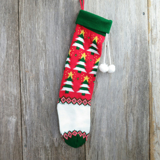 Vintage Tree Striped Stocking Knit Red Green Christmas Knitted Star White Poms Holiday Decor 1980s - At Grandma's Table