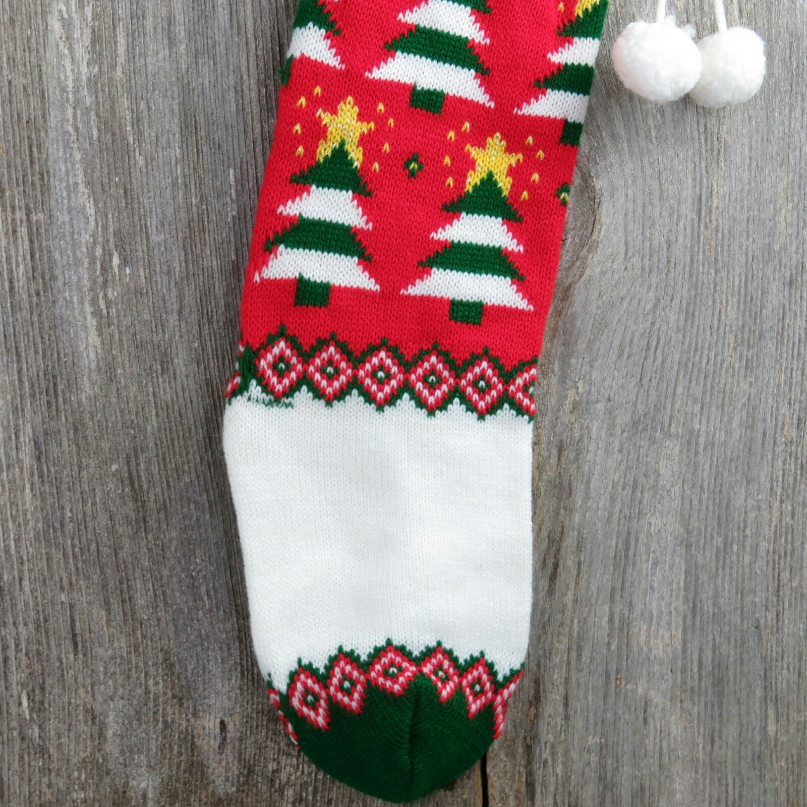 Vintage Tree Striped Stocking Knit Red Green Christmas Knitted Star White Poms Holiday Decor 1980s - At Grandma's Table