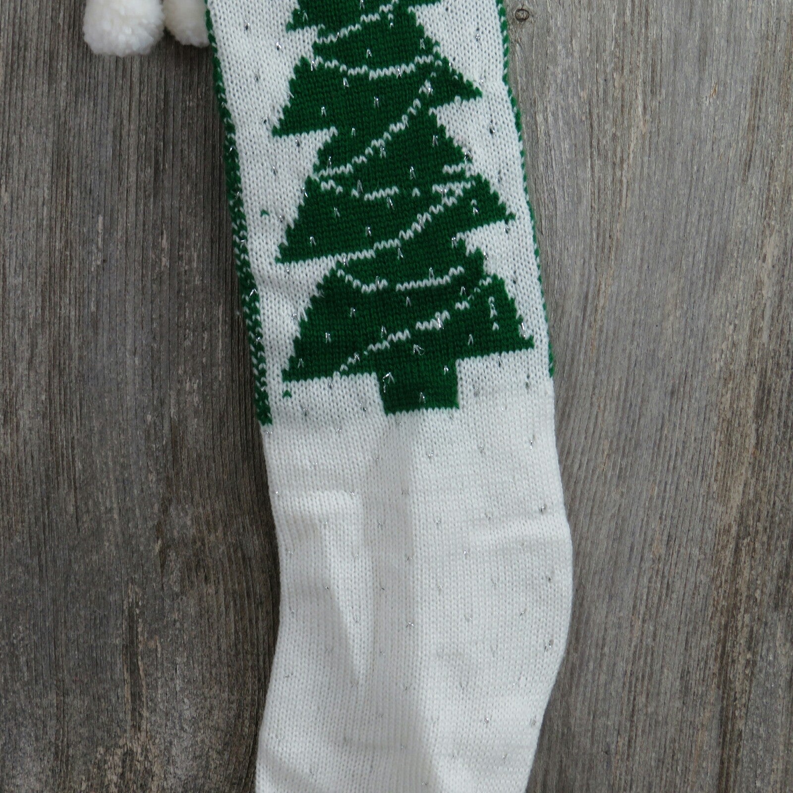 Vintage Christmas Tree Stocking Knit Green White Pom Poms Knitted Silver Holiday Decor 1980s - At Grandma's Table