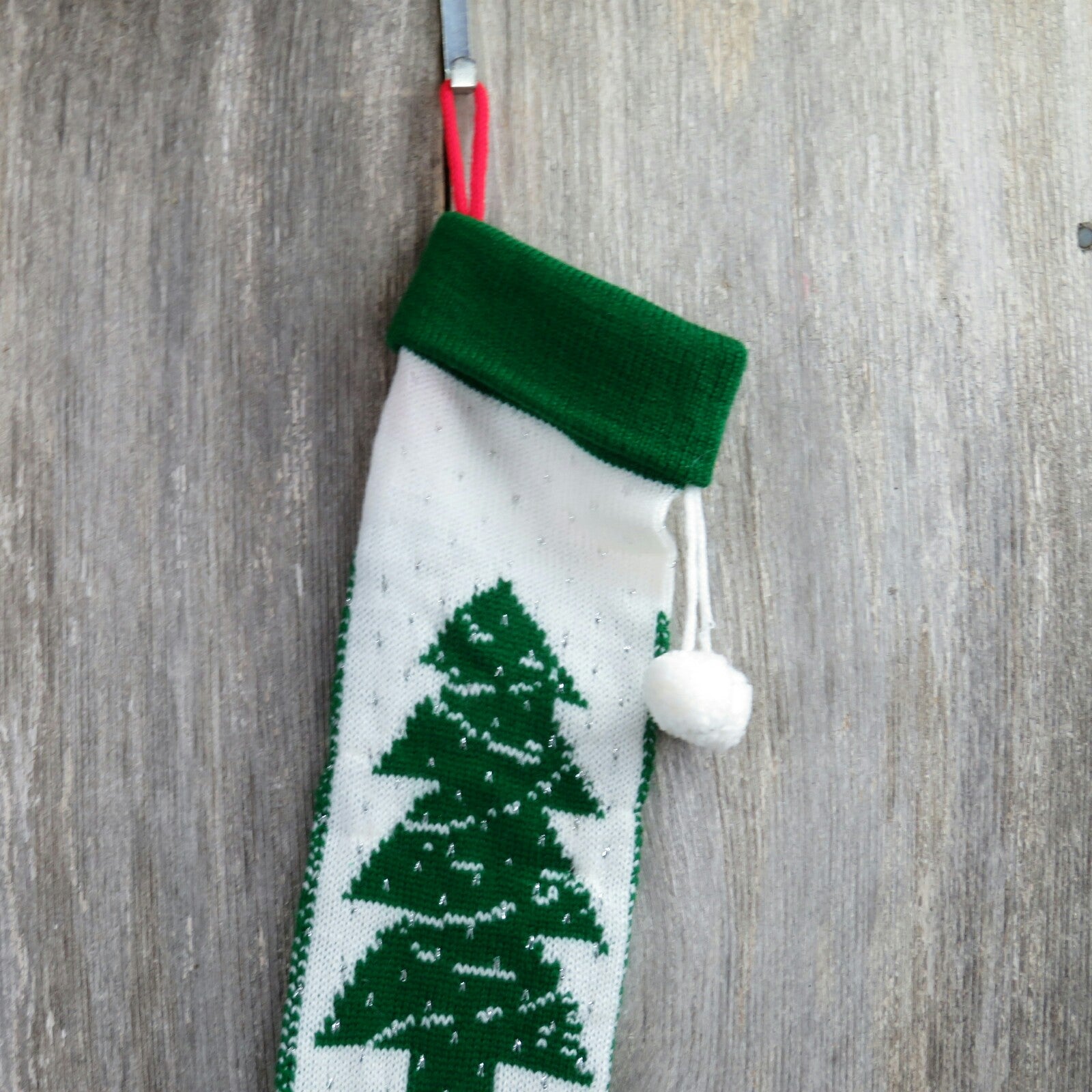Vintage Christmas Tree Stocking Knit Green White Pom Poms Knitted Silver Holiday Decor 1980s - At Grandma's Table