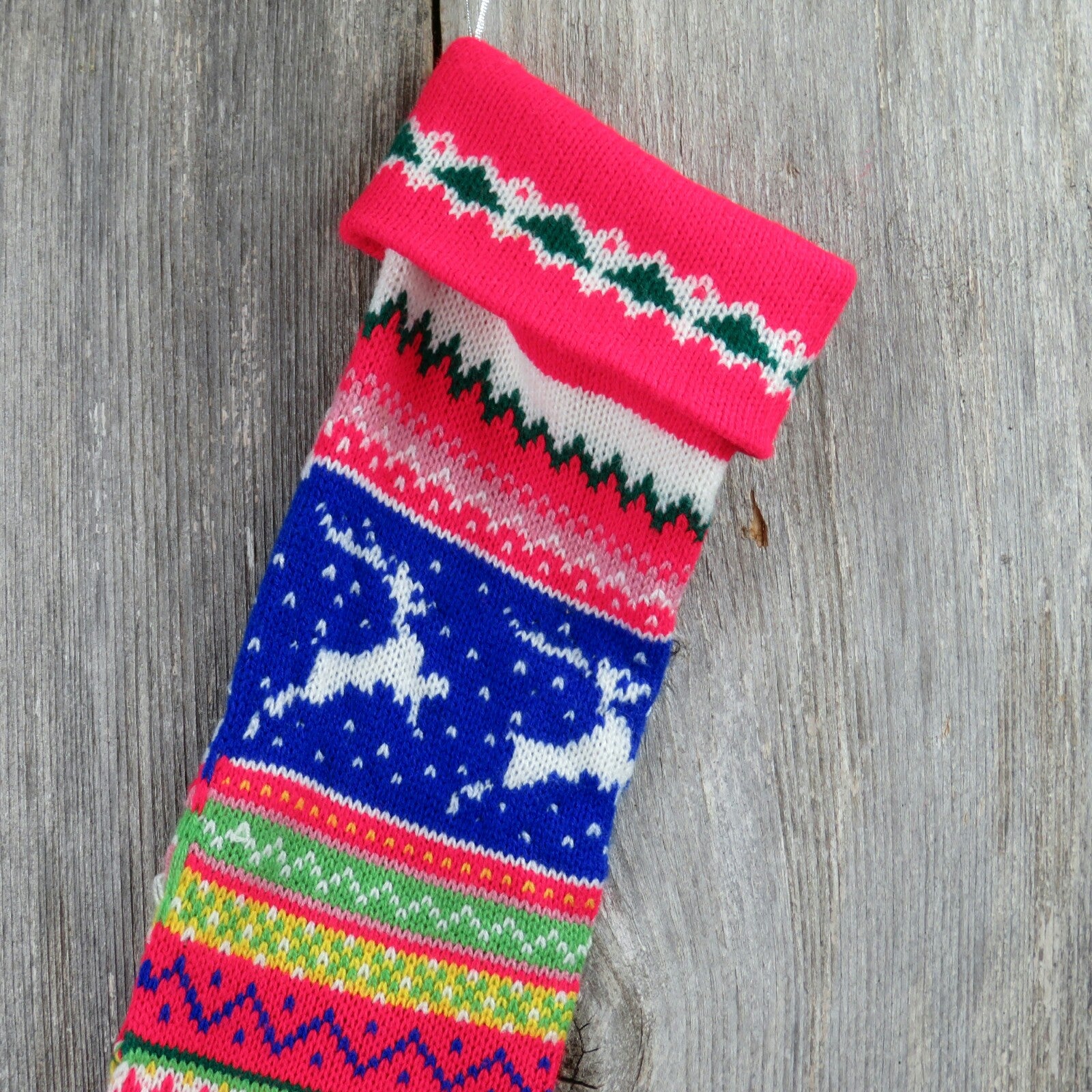 Vintage Reindeer Stocking Striped Hearts Sweater Christmas Red Green Blue Pink Nordic 80s - At Grandma's Table