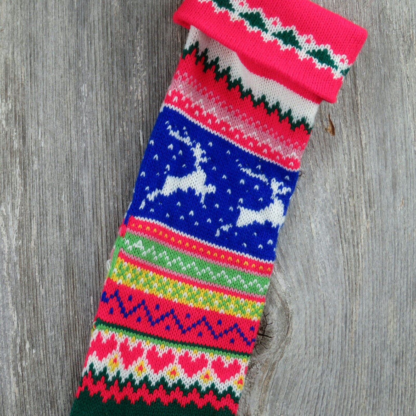 Vintage Reindeer Stocking Striped Hearts Sweater Christmas Red Green Blue Pink Nordic 80s - At Grandma's Table