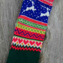Load image into Gallery viewer, Vintage Reindeer Stocking Striped Hearts Sweater Christmas Red Green Blue Pink Nordic 80s - At Grandma&#39;s Table