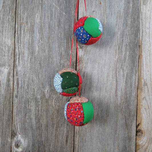 Vintage Quilted Ball Christmas Ornament Patchwork Door Hanging Wreath Fabric Ribbon Floral Flowers Plaid Calico Foam