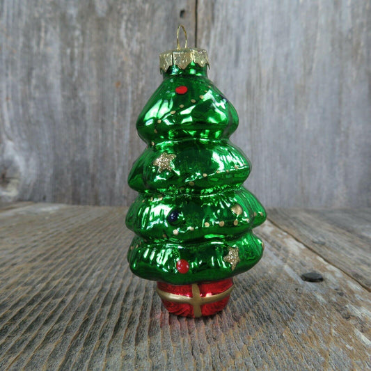 Glass Christmas Tree Shaped Ornament Painted Green Gold Cap Red Blue Base