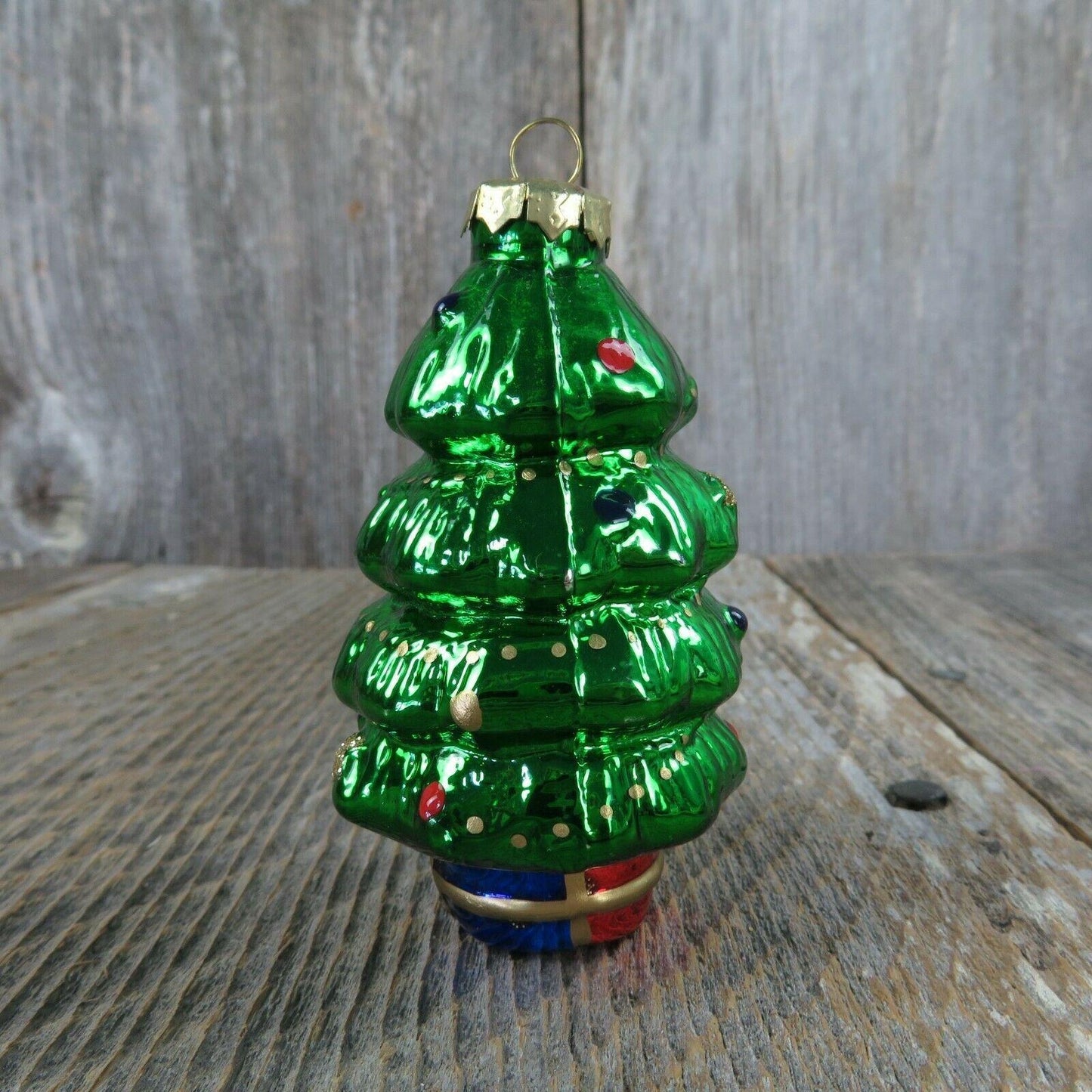 Glass Christmas Tree Shaped Ornament Painted Green Gold Cap Red Blue Base