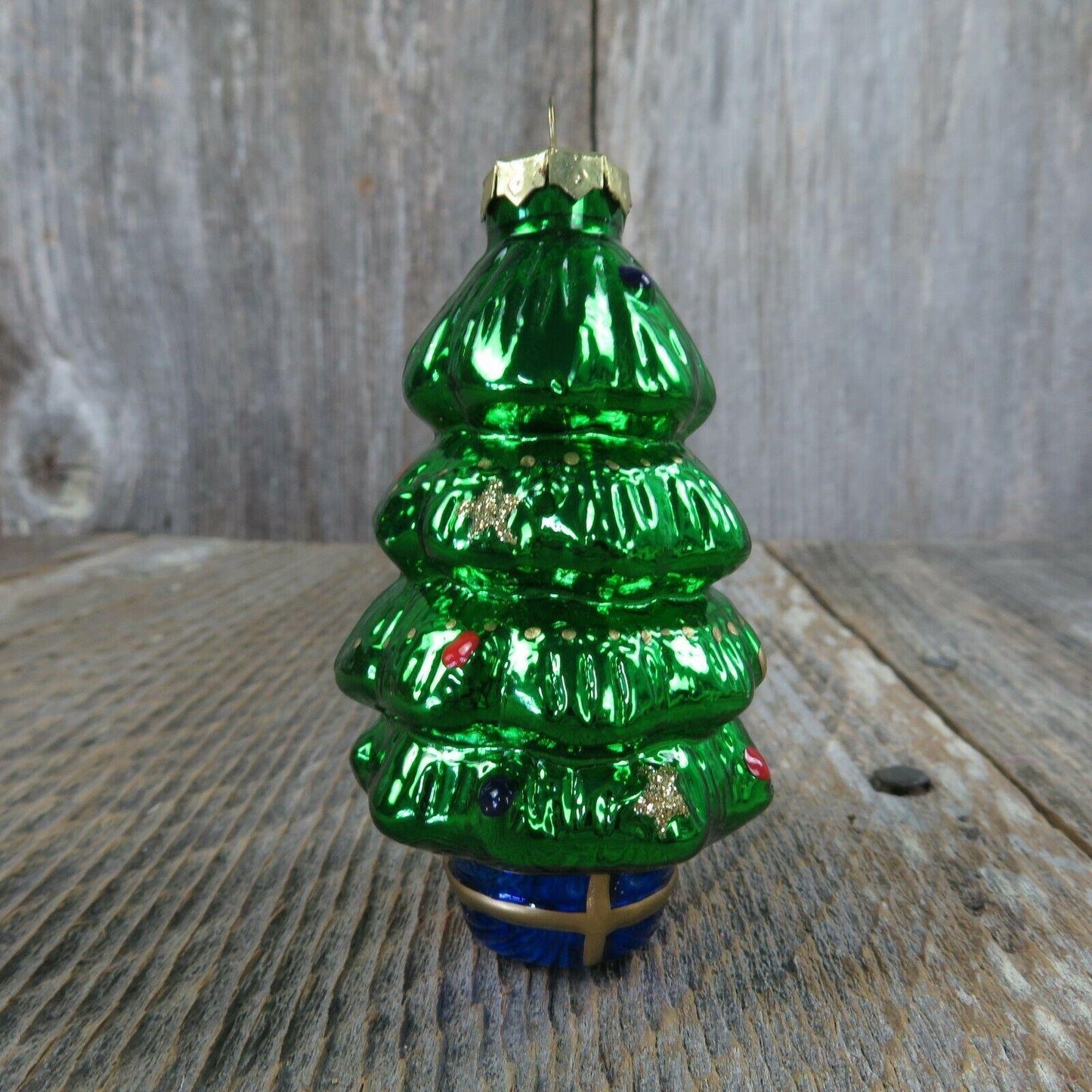 Glass Christmas Tree Shaped Ornament Painted Green Gold Cap Red Blue Base