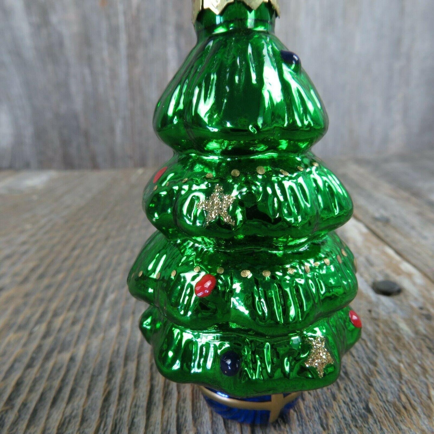 Glass Christmas Tree Shaped Ornament Painted Green Gold Cap Red Blue Base