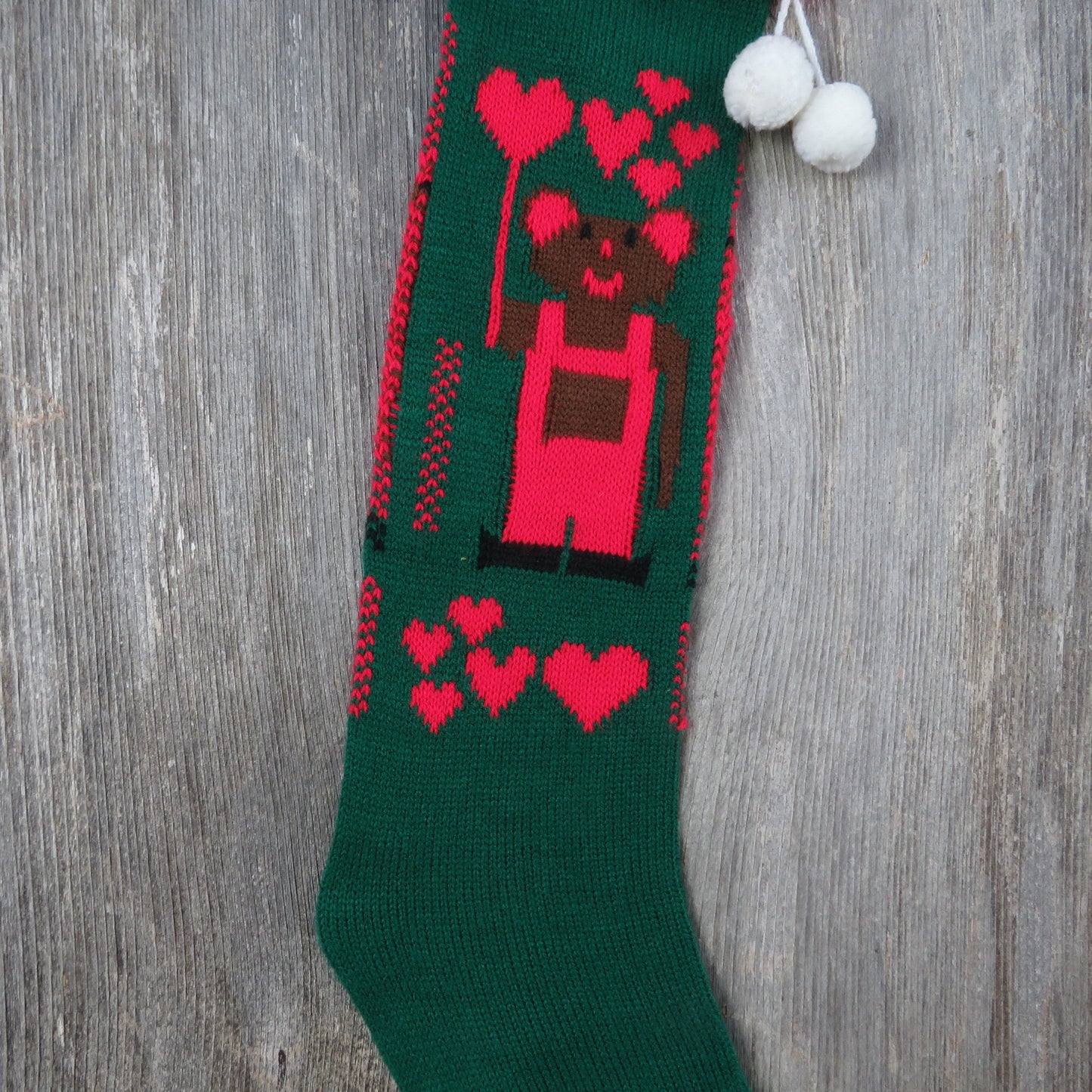 Vintage Knit Teddy Bear with Heart Balloon Stocking Christmas Knitted Overalls Red Green Pom Pom