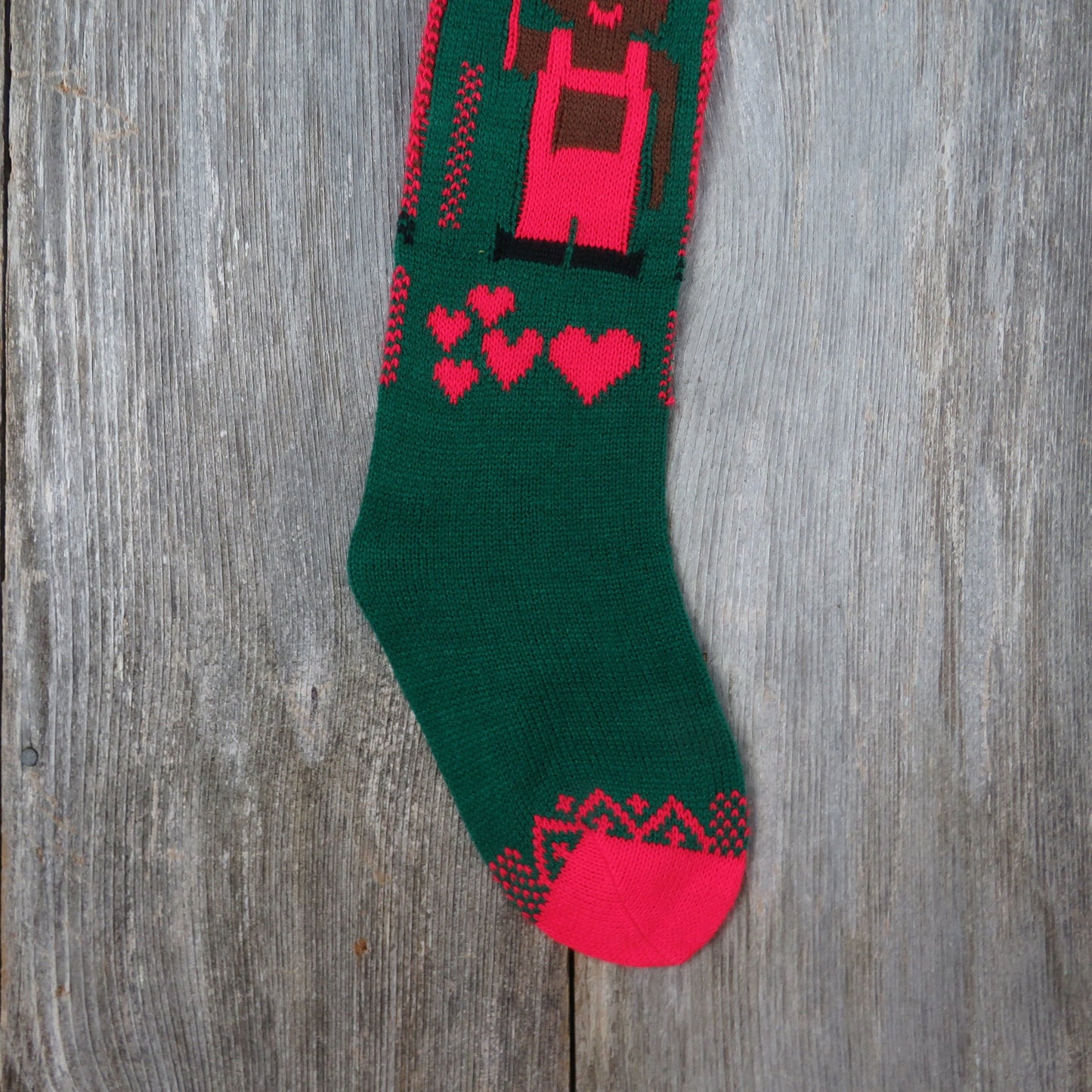 Vintage Knit Teddy Bear with Heart Balloon Stocking Christmas Knitted Overalls Red Green Pom Pom