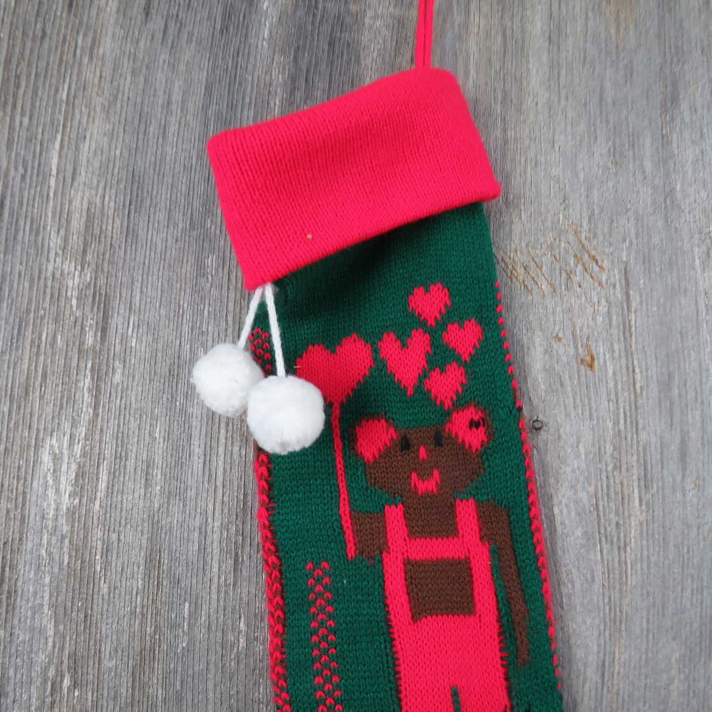 Vintage Knit Teddy Bear with Heart Balloon Stocking Christmas Knitted Overalls Red Green Pom Pom