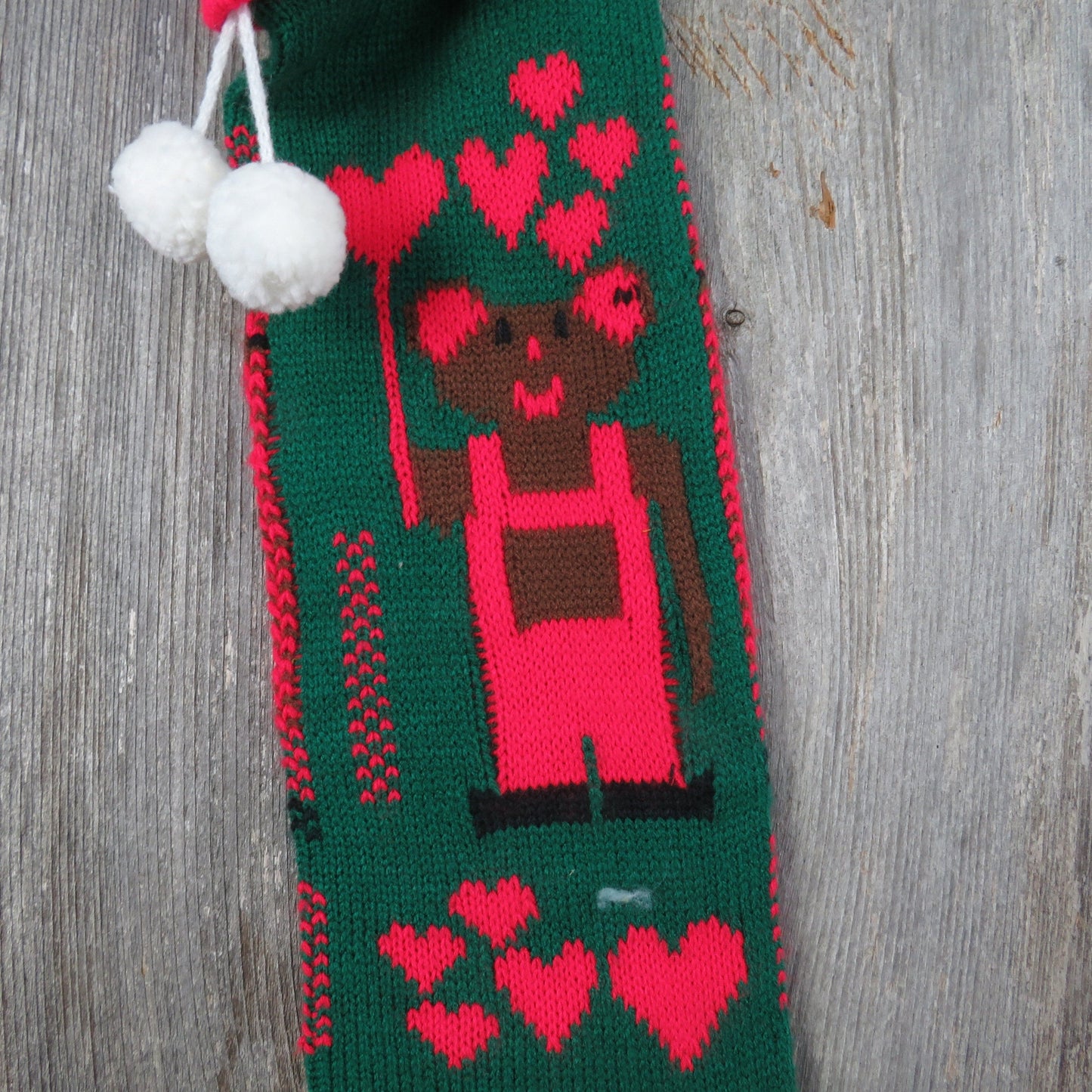 Vintage Knit Teddy Bear with Heart Balloon Stocking Christmas Knitted Overalls Red Green Pom Pom