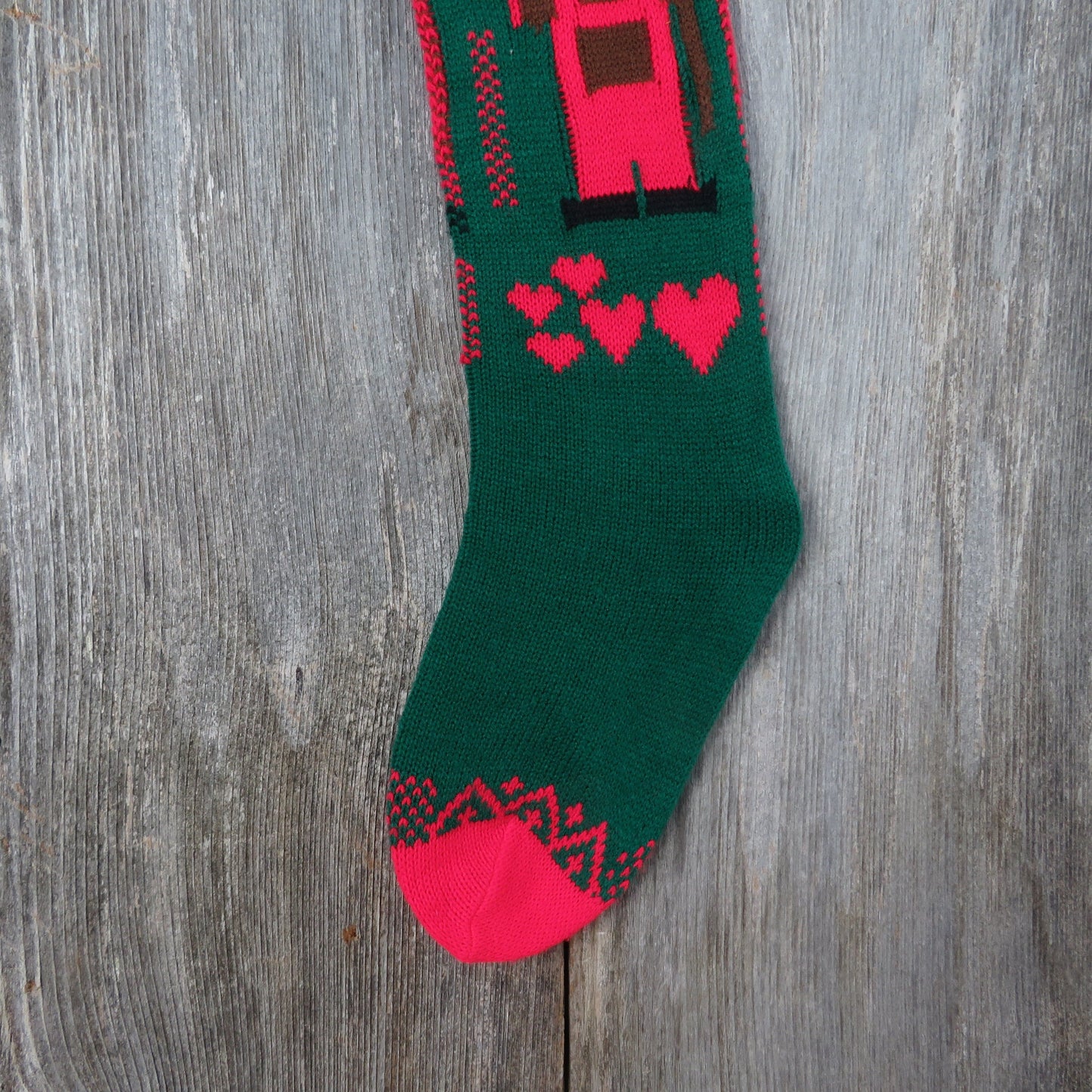 Vintage Knit Teddy Bear with Heart Balloon Stocking Christmas Knitted Overalls Red Green Pom Pom