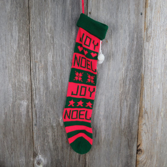 Vintage Knit Stocking Joy Noel Striped Christmas Hearts Stars Red Green White Pom Pom