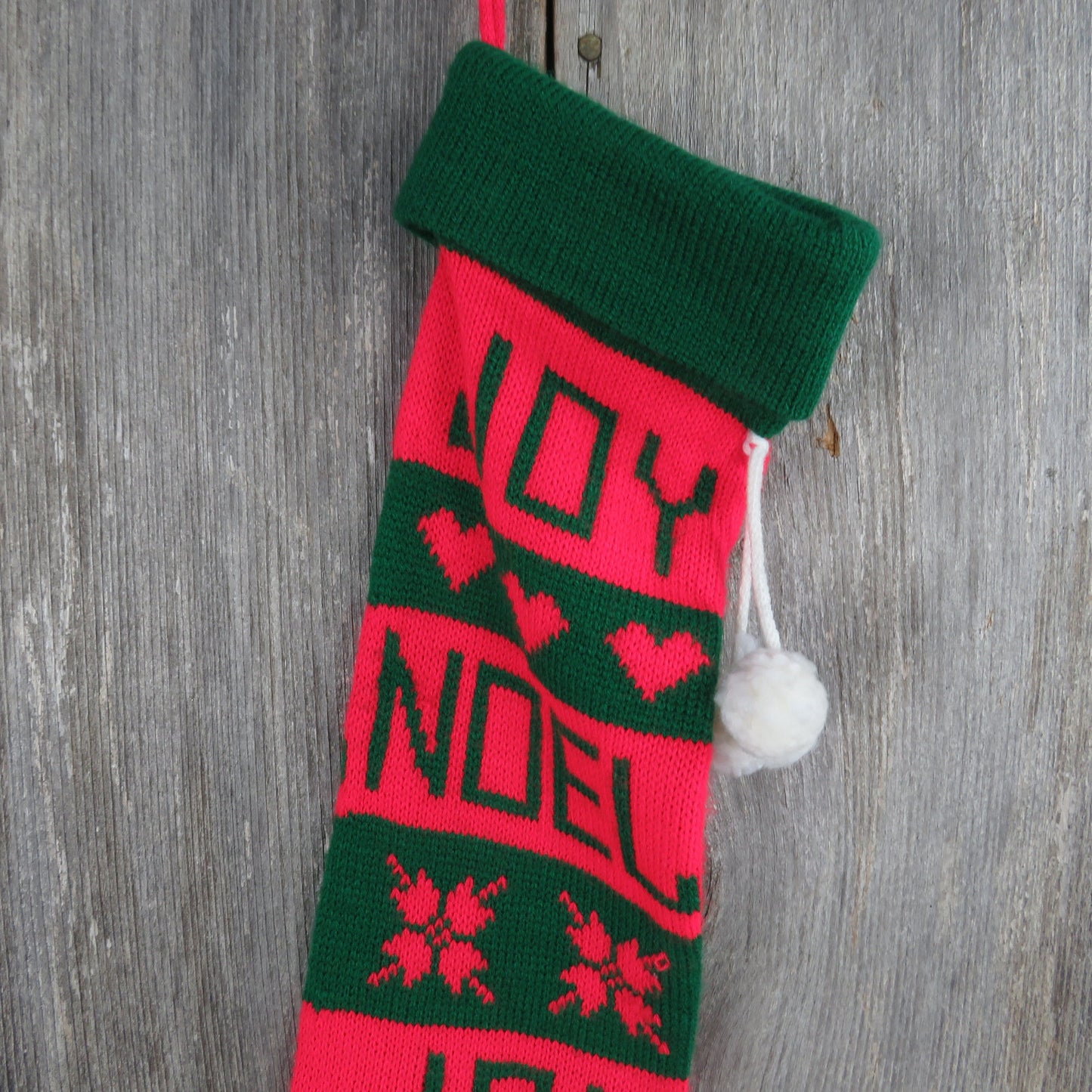 Vintage Knit Stocking Joy Noel Striped Christmas Hearts Stars Red Green White Pom Pom