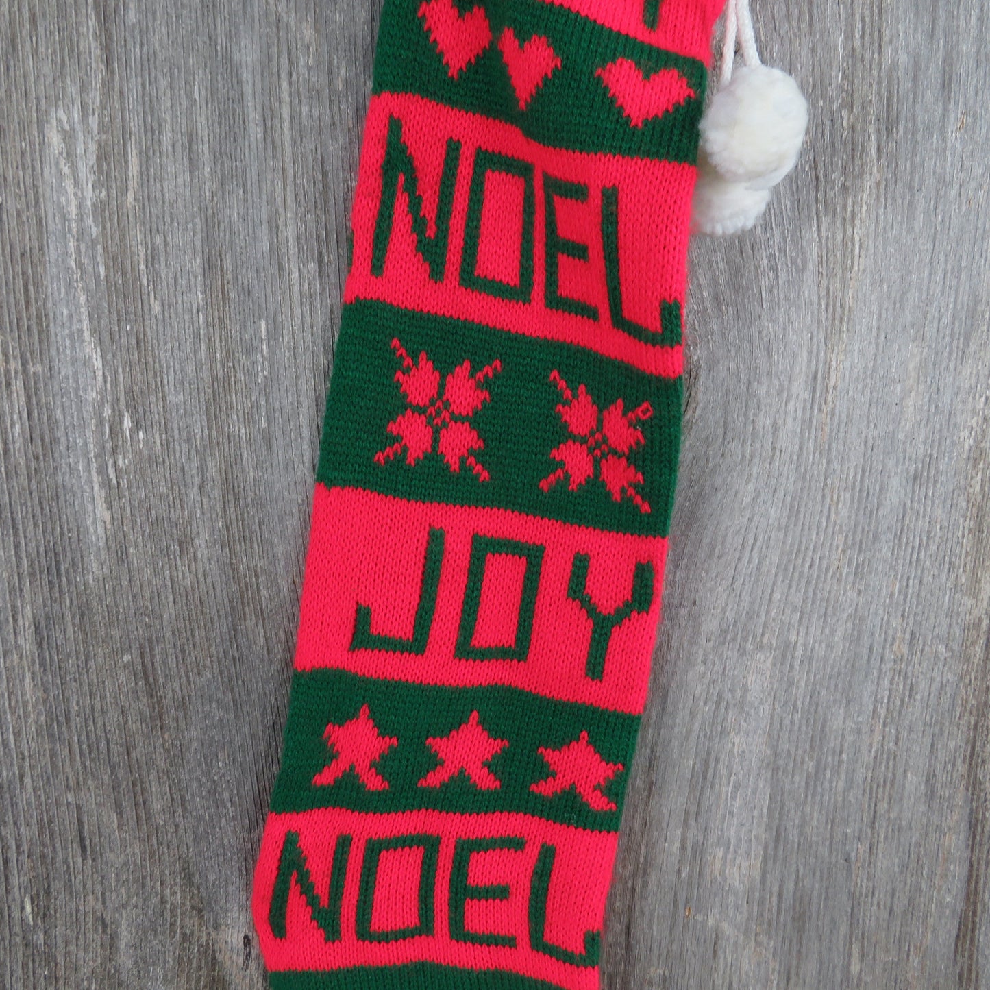 Vintage Knit Stocking Joy Noel Striped Christmas Hearts Stars Red Green White Pom Pom