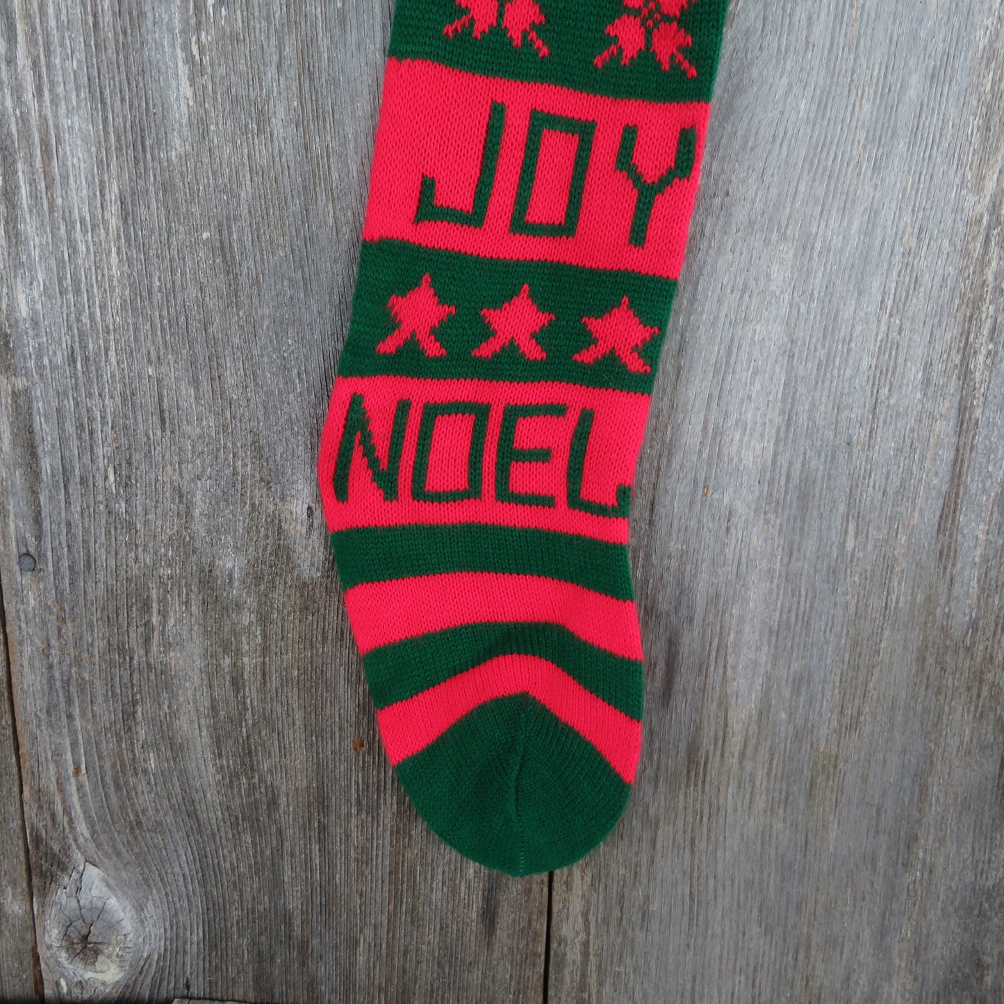 Vintage Knit Stocking Joy Noel Striped Christmas Hearts Stars Red Green White Pom Pom