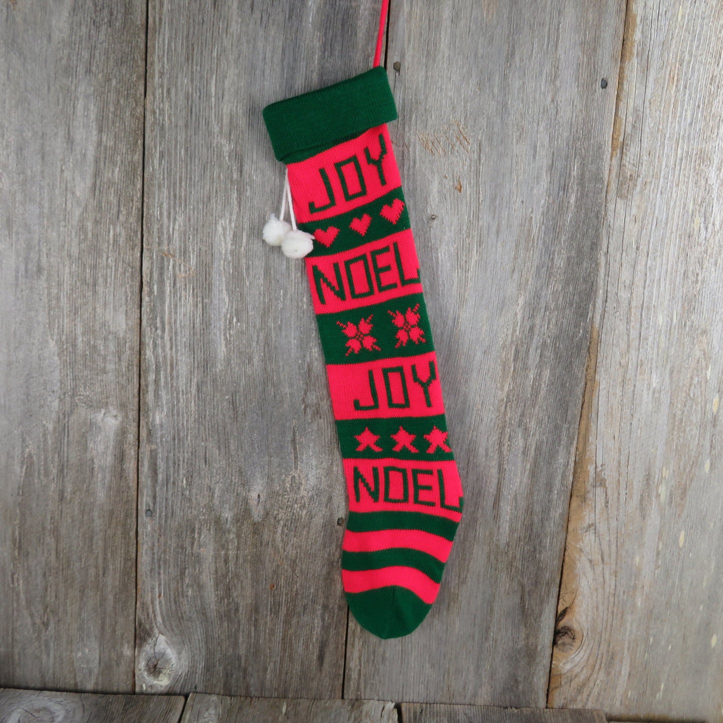 Vintage Knit Stocking Joy Noel Striped Christmas Hearts Stars Red Green White Pom Pom