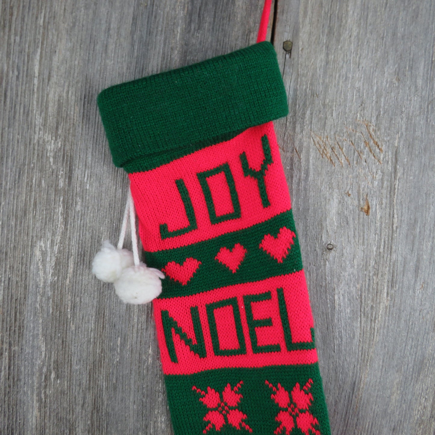 Vintage Knit Stocking Joy Noel Striped Christmas Hearts Stars Red Green White Pom Pom