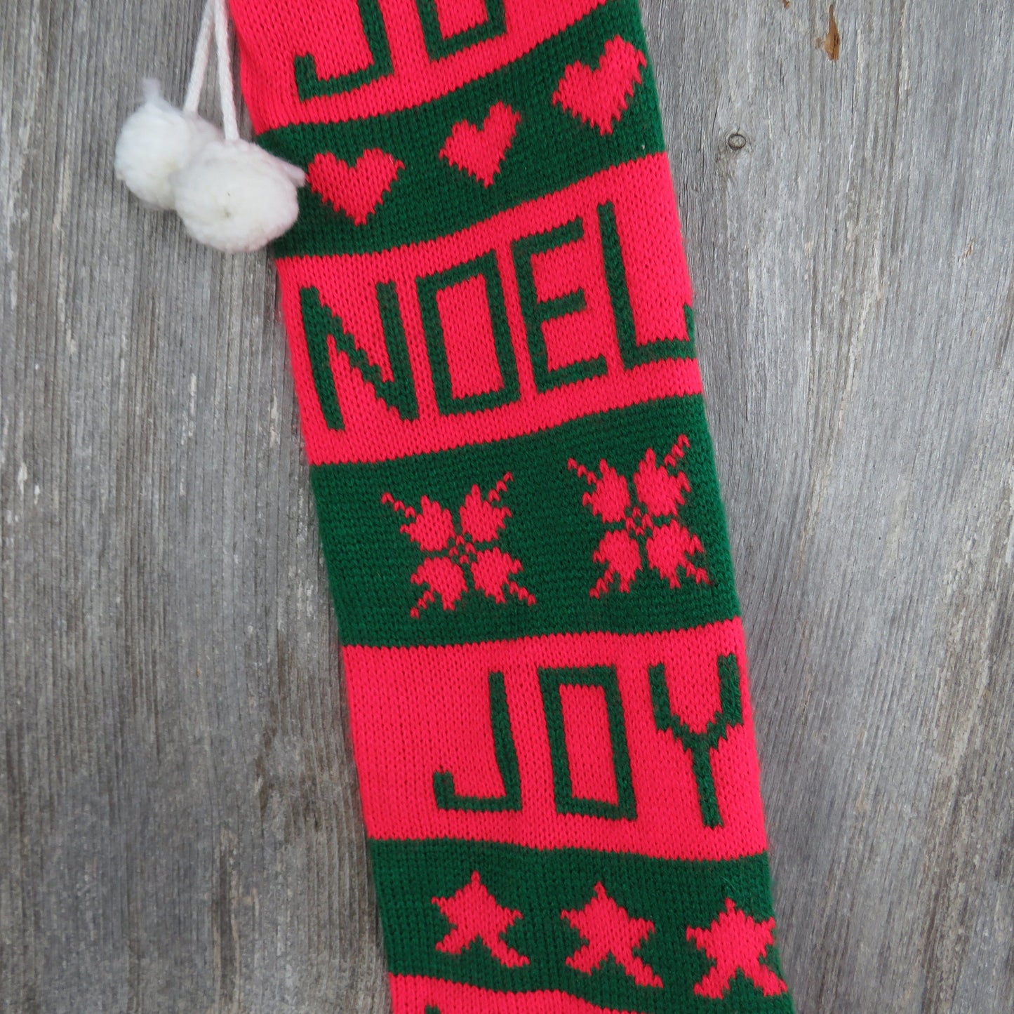 Vintage Knit Stocking Joy Noel Striped Christmas Hearts Stars Red Green White Pom Pom