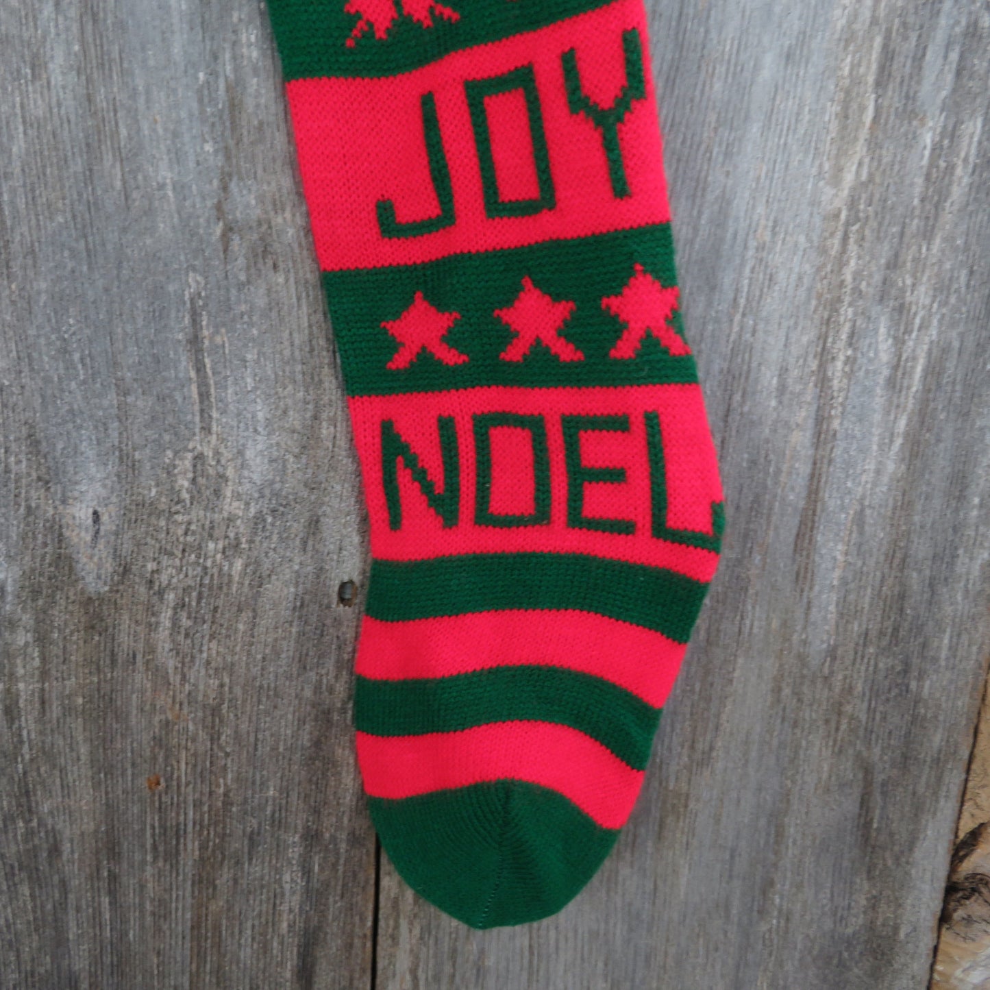 Vintage Knit Stocking Joy Noel Striped Christmas Hearts Stars Red Green White Pom Pom