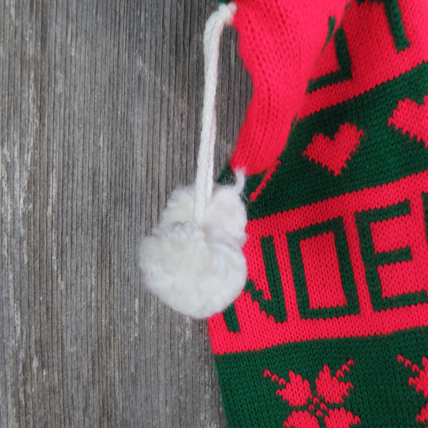 Vintage Knit Stocking Joy Noel Striped Christmas Hearts Stars Red Green White Pom Pom