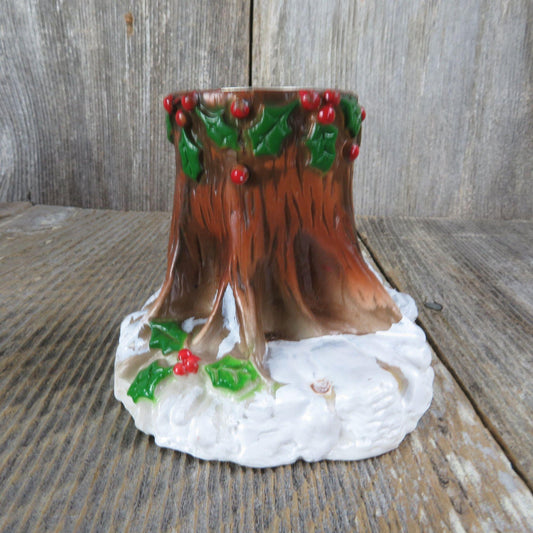 Vintage Tree Trunk Candle Holder Christmas Rustic Holly Snow Votive Holder Plastic Hong Kong White