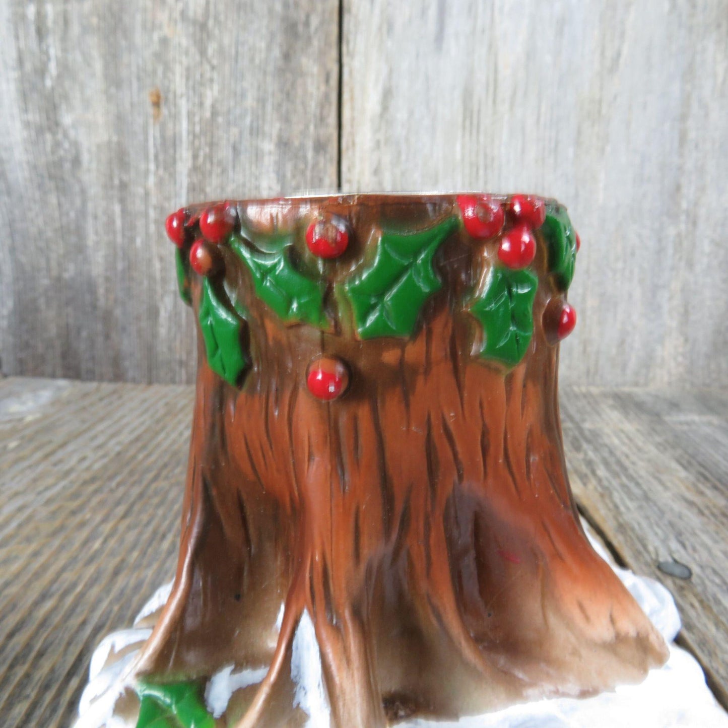 Vintage Tree Trunk Candle Holder Christmas Rustic Holly Snow Votive Holder Plastic Hong Kong White