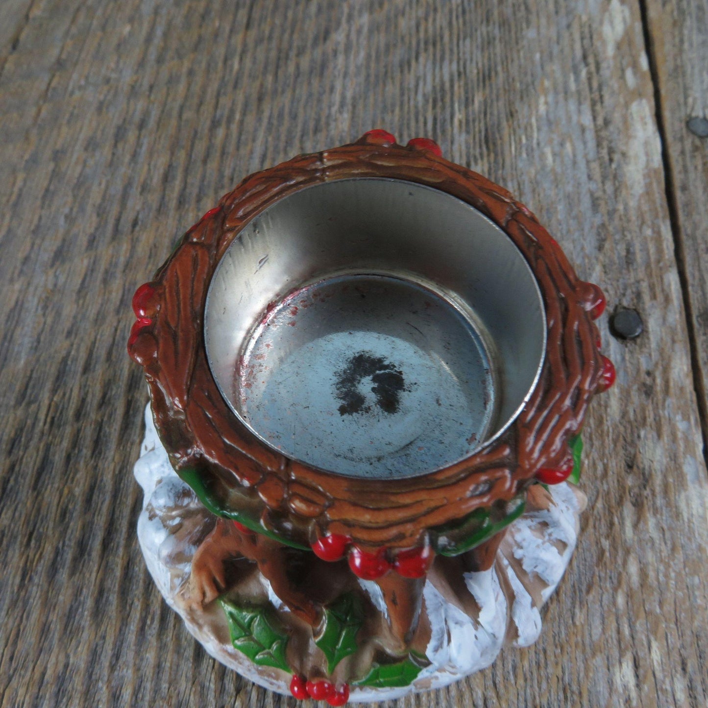 Vintage Tree Trunk Candle Holder Christmas Rustic Holly Snow Votive Holder Plastic Hong Kong White