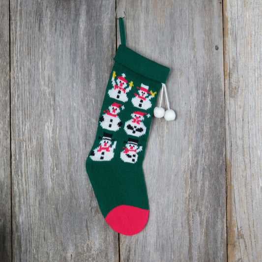 Vintage Knit Snowman Stocking Green Red Christmas Santa Top Hat Pom Pom Knitted 1980s