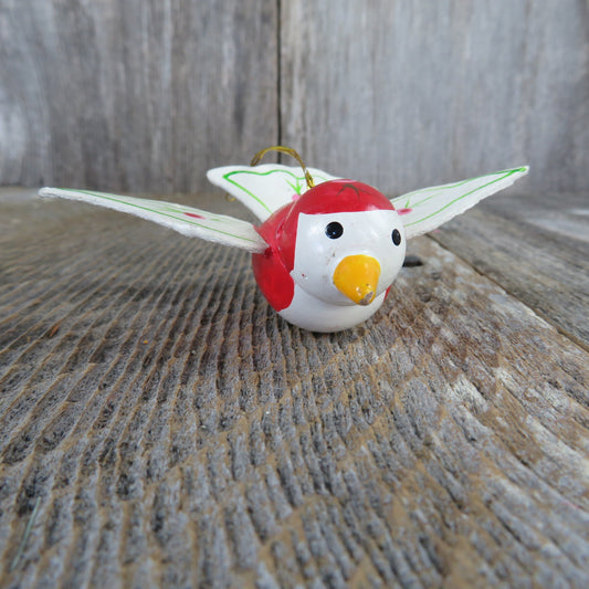 Vintage Wooden Bird Ornaments White Red  Flower Pattern Wood Christmas Made in Taiwan