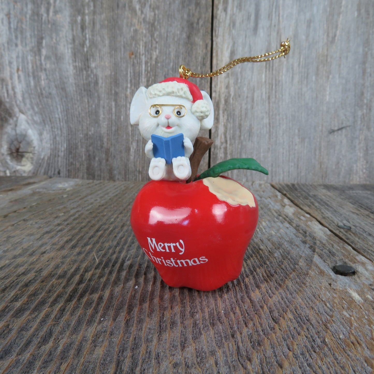 Vintage Mouse on Apple Reading Ornament Teacher Merry Christmas Lustre Fame Enesco 1992
