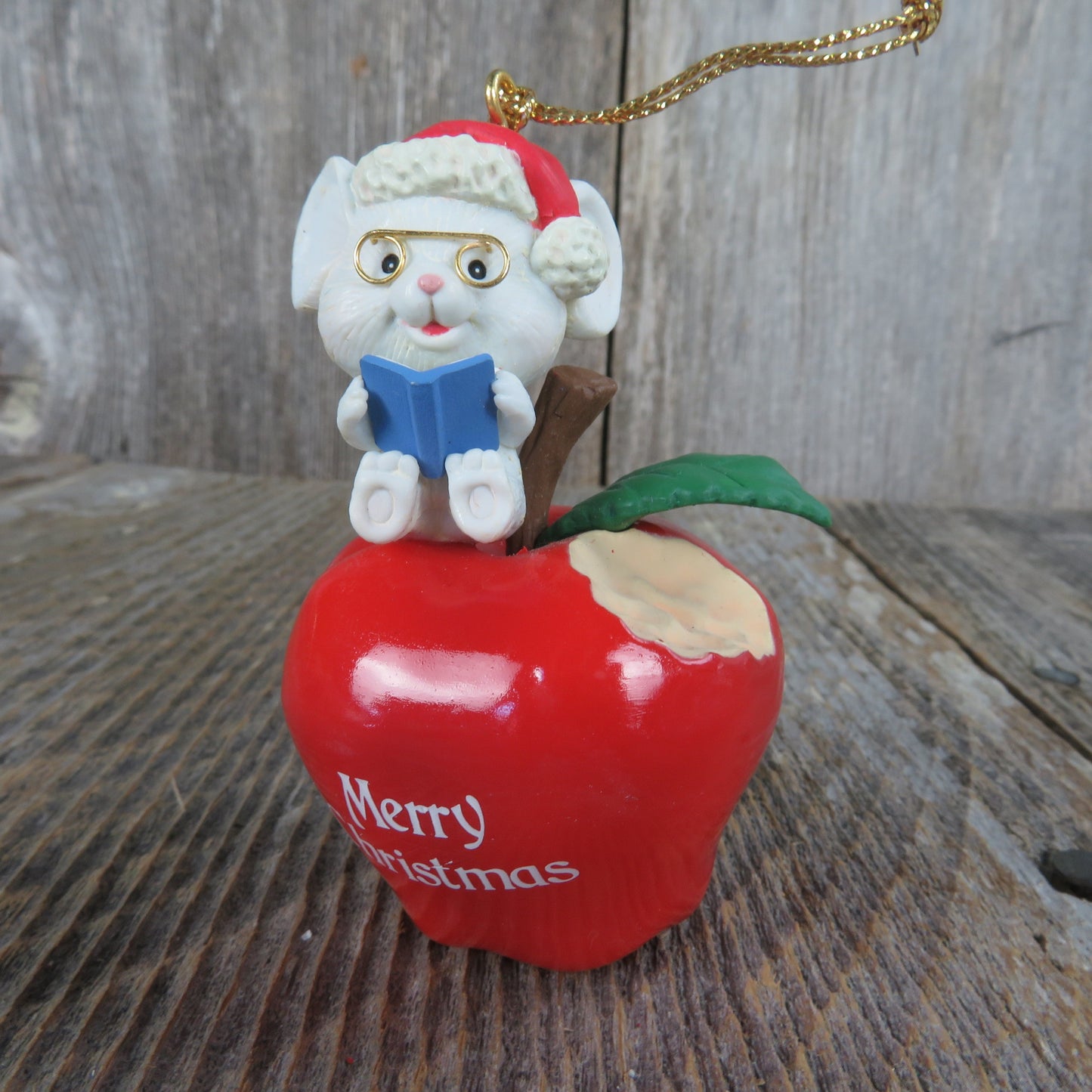 Vintage Mouse on Apple Reading Ornament Teacher Merry Christmas Lustre Fame Enesco 1992