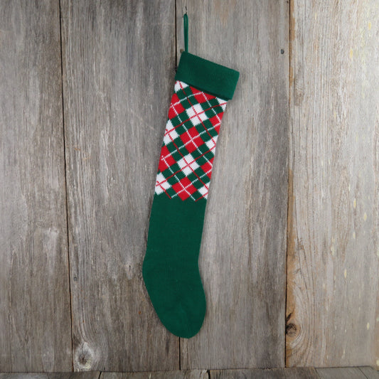 Vintage Knit Argyle Stocking Christmas Knitted Green Red White Pattern 1980s - At Grandma's Table