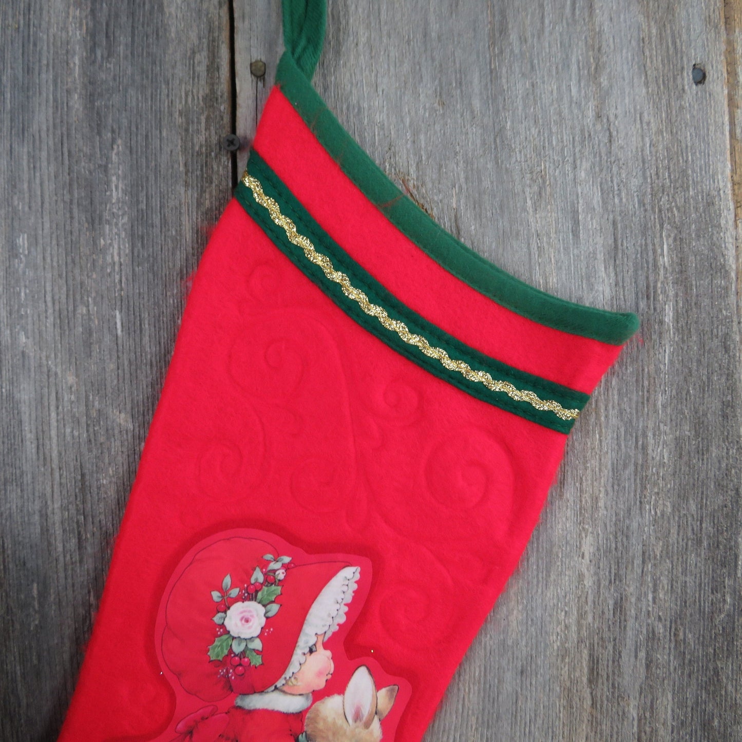 Vintage Girl with Bunny Red Morehead Christmas Stocking Rabbit Bonnet Holly Felt Fuzzy Green Fleece Gold Trim