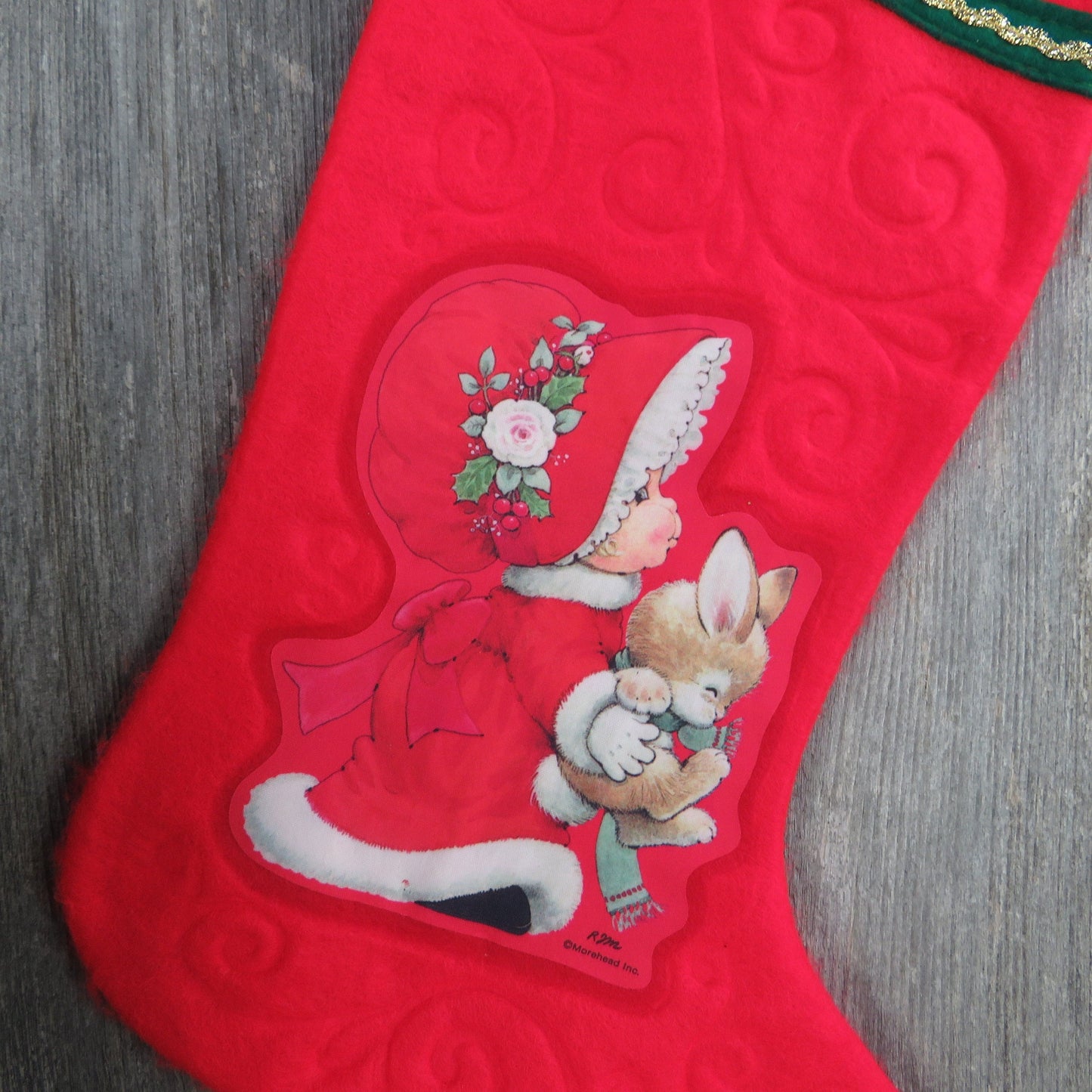 Vintage Girl with Bunny Red Morehead Christmas Stocking Rabbit Bonnet Holly Felt Fuzzy Green Fleece Gold Trim