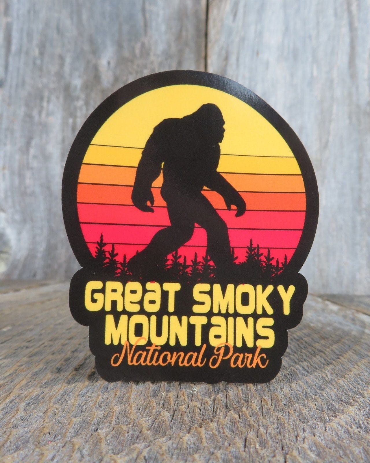 Great Smoky Mountains Bigfoot Sticker Tennessee National Park Retro Sunset Souvenir Waterproof