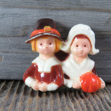 Load image into Gallery viewer, Vintage Pilgrim Couple Boy Girl Pin Brooch Thanksgiving Plastic Holiday Hong Kong