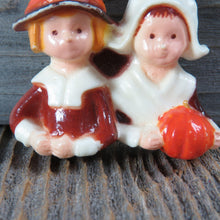 Load image into Gallery viewer, Vintage Pilgrim Couple Boy Girl Pin Brooch Thanksgiving Plastic Holiday Hong Kong