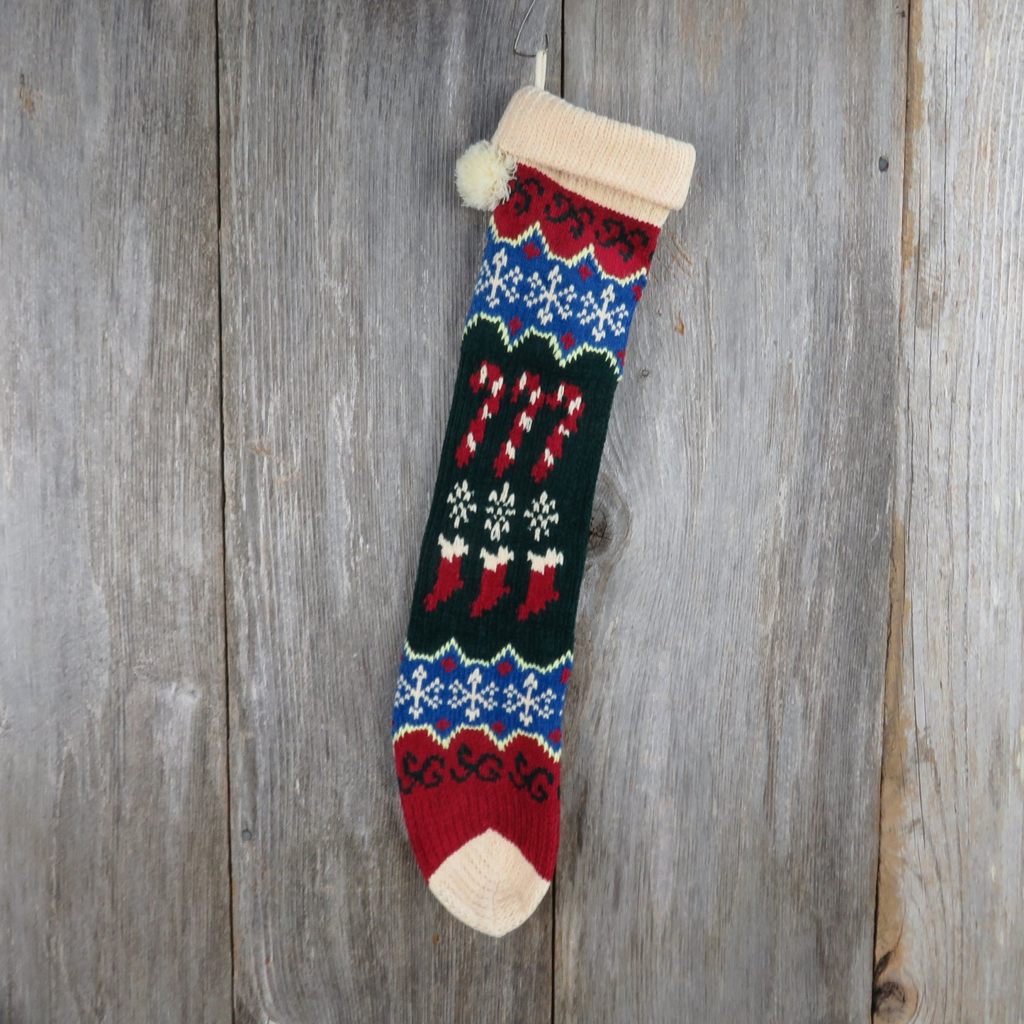 Vintage Candy Cane Knit Stocking Christmas Chenille Snowflakes Cream Blue Green Red Pom Pom 90s