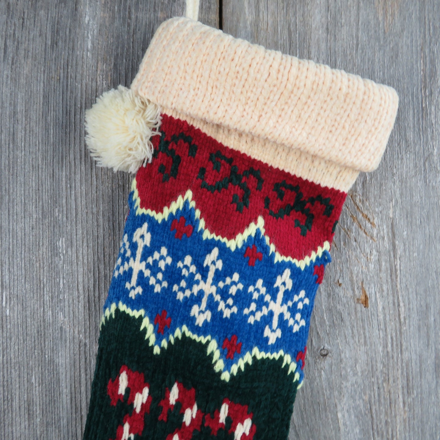 Vintage Candy Cane Knit Stocking Christmas Chenille Snowflakes Cream Blue Green Red Pom Pom 90s