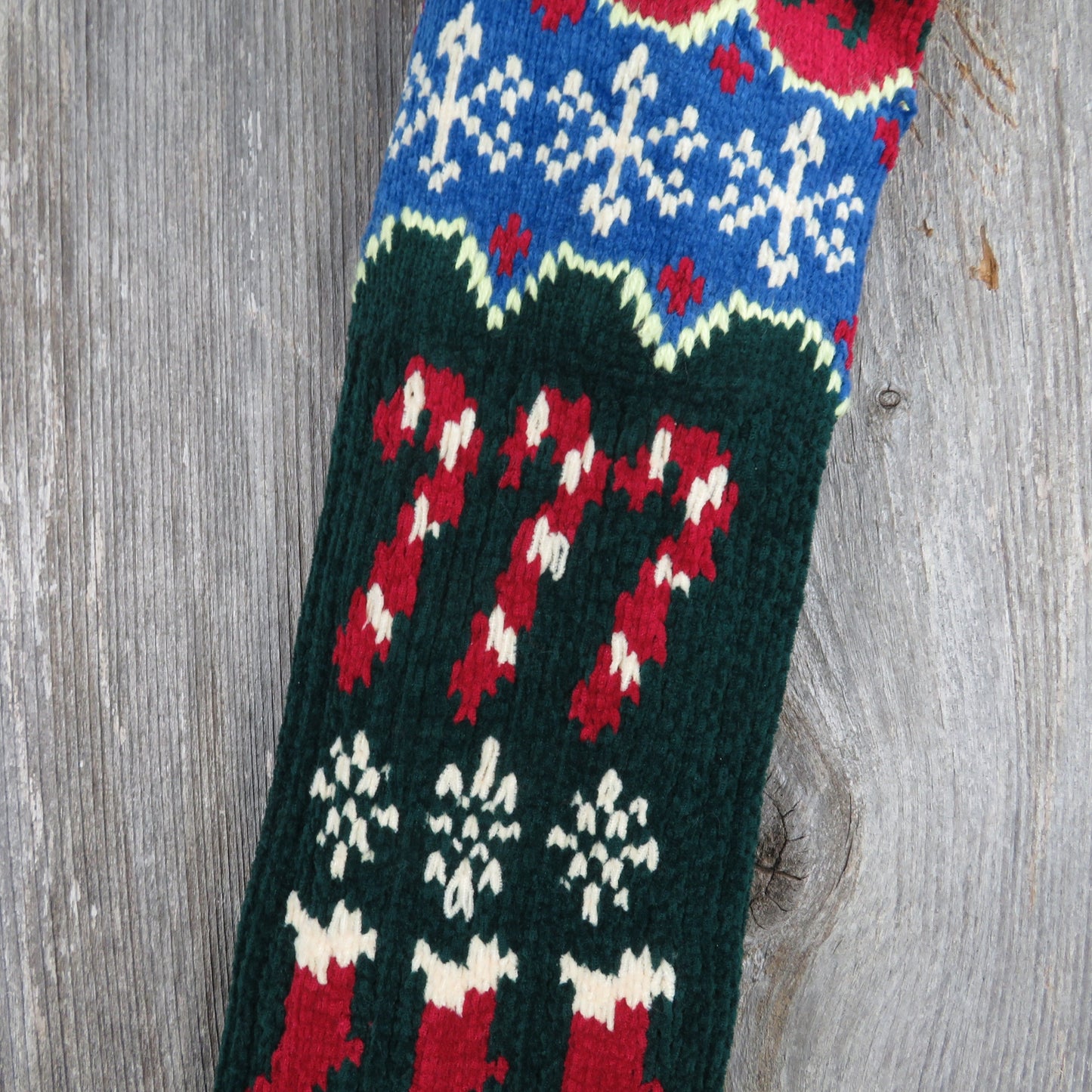 Vintage Candy Cane Knit Stocking Christmas Chenille Snowflakes Cream Blue Green Red Pom Pom 90s