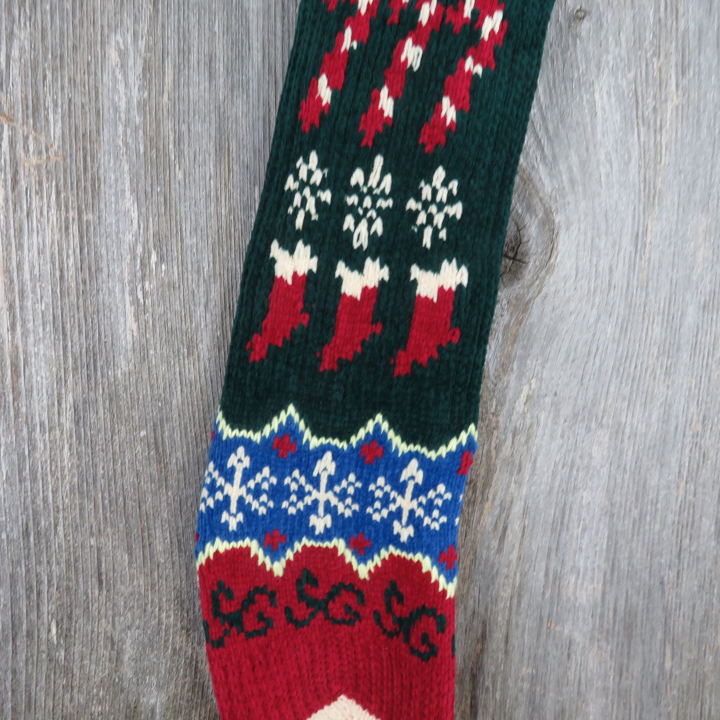 Vintage Candy Cane Knit Stocking Christmas Chenille Snowflakes Cream Blue Green Red Pom Pom 90s