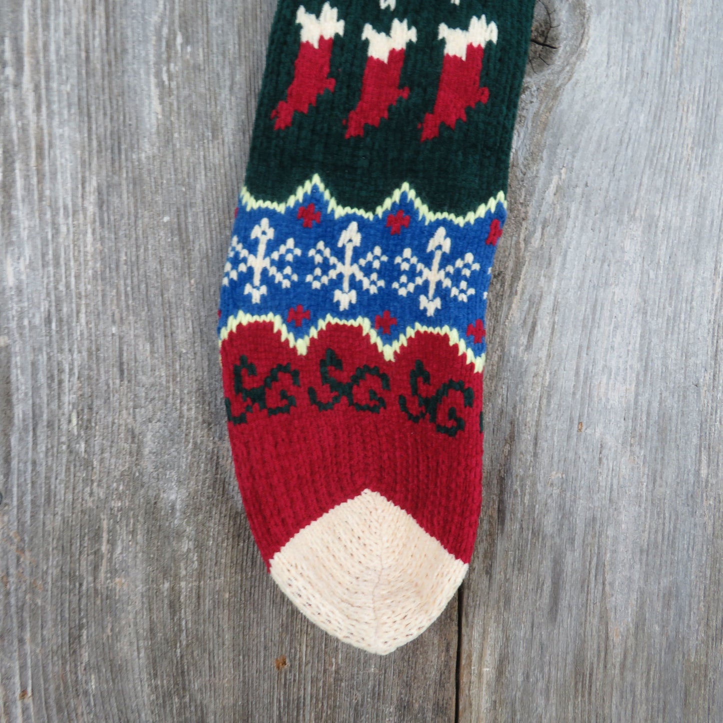 Vintage Candy Cane Knit Stocking Christmas Chenille Snowflakes Cream Blue Green Red Pom Pom 90s