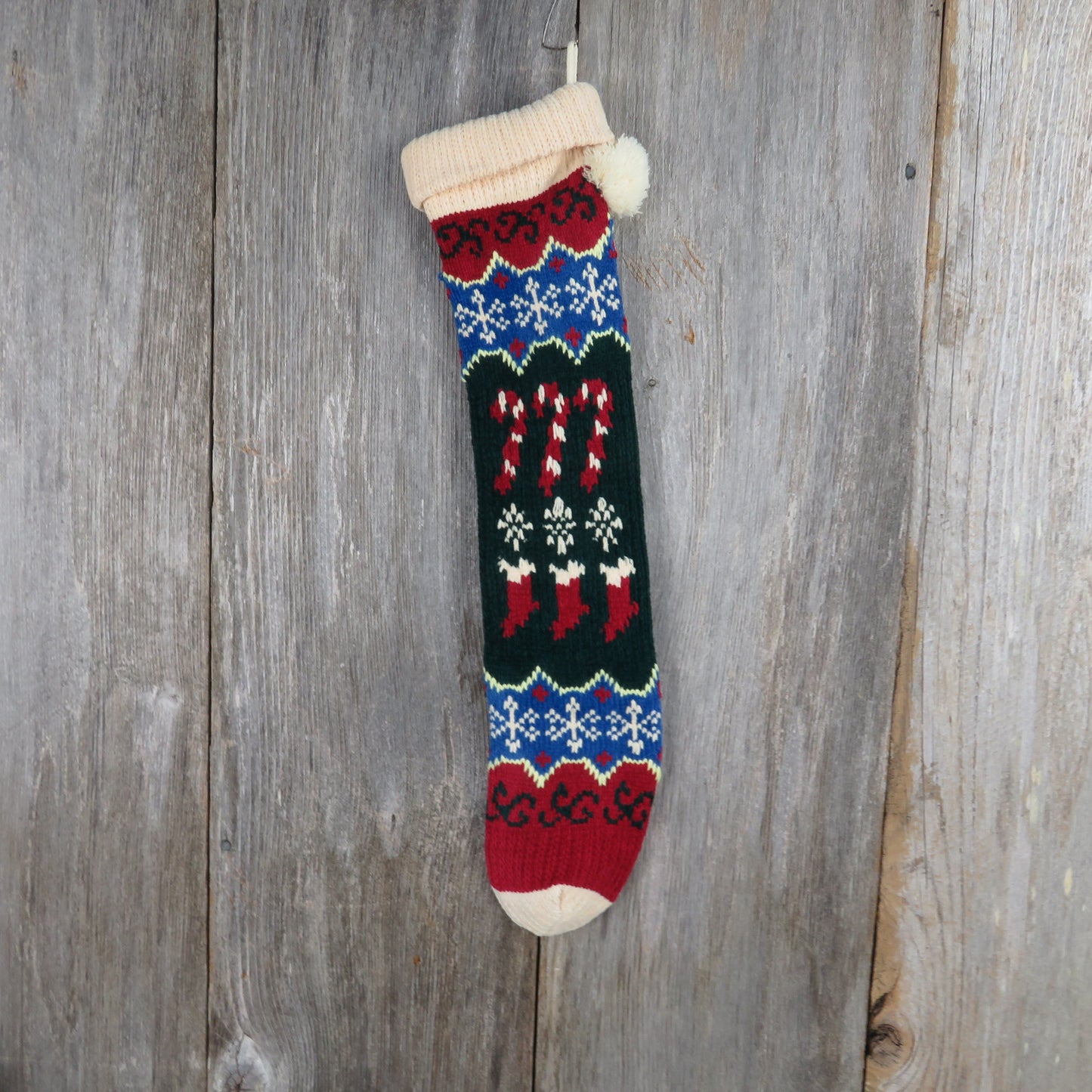 Vintage Candy Cane Knit Stocking Christmas Chenille Snowflakes Cream Blue Green Red Pom Pom 90s