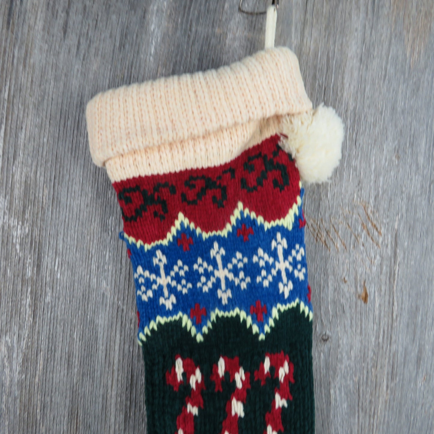 Vintage Candy Cane Knit Stocking Christmas Chenille Snowflakes Cream Blue Green Red Pom Pom 90s