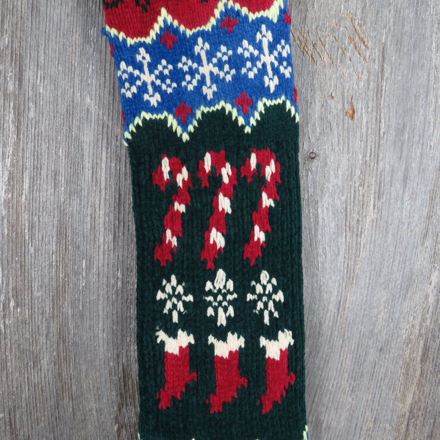 Vintage Candy Cane Knit Stocking Christmas Chenille Snowflakes Cream Blue Green Red Pom Pom 90s