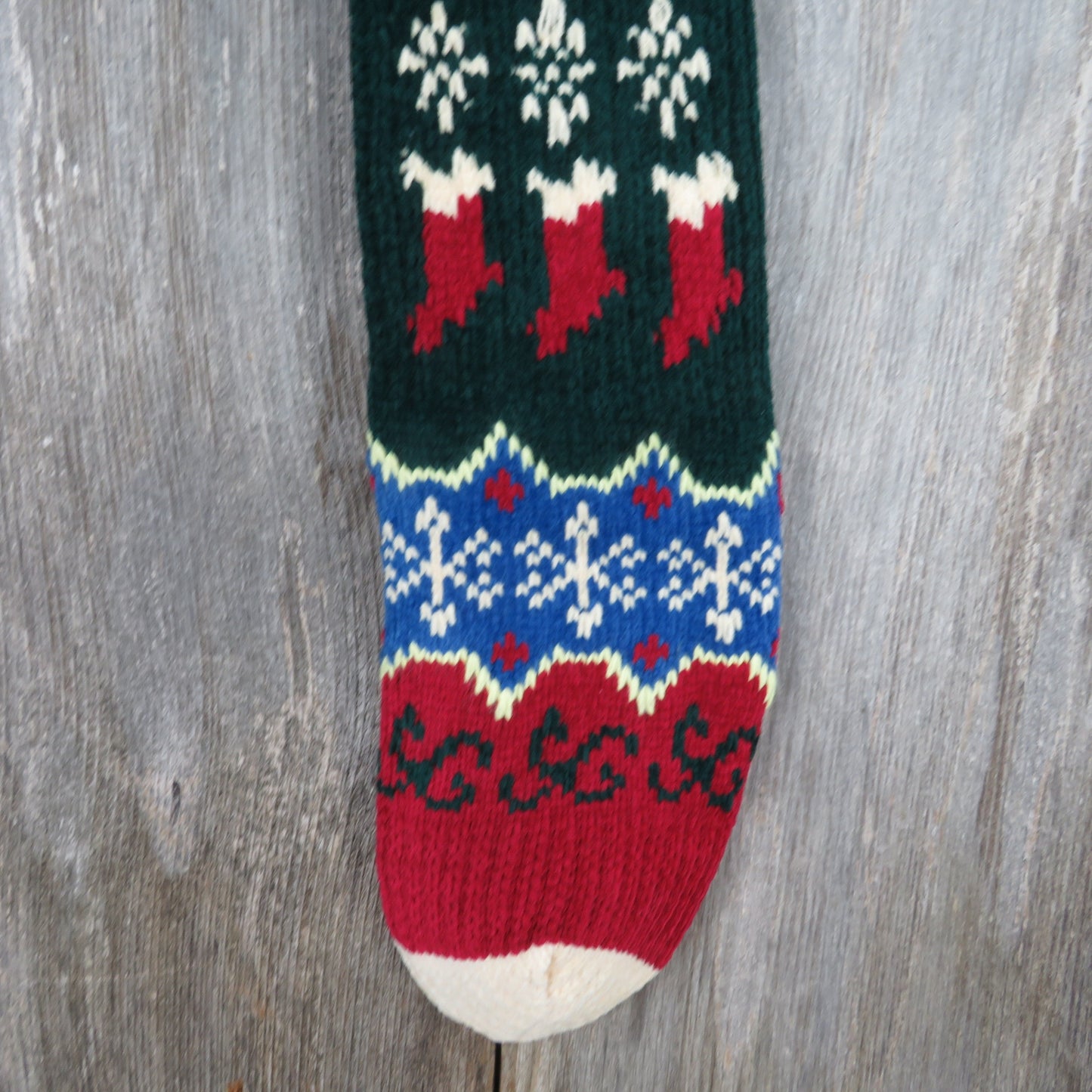 Vintage Candy Cane Knit Stocking Christmas Chenille Snowflakes Cream Blue Green Red Pom Pom 90s