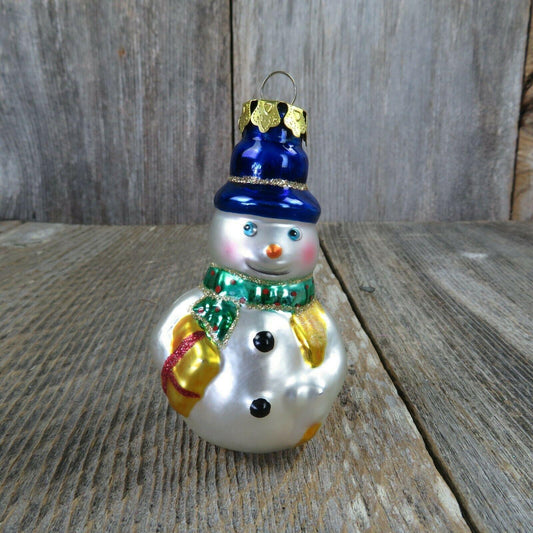 Glass Snowman Blue Hat Christmas Ornament Gift Glitter Scarf White Gold Cap