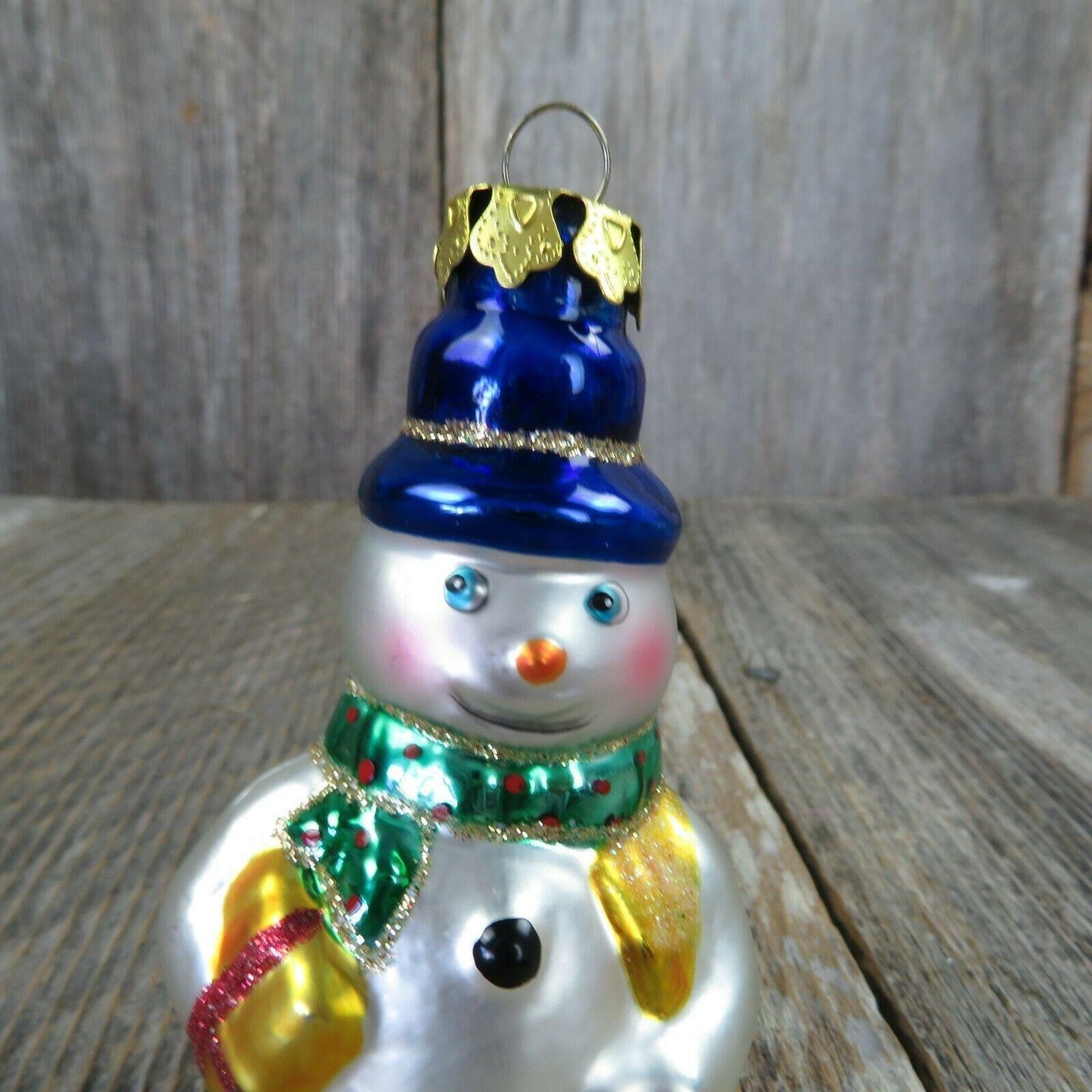 Glass Snowman Blue Hat Christmas Ornament Gift Glitter Scarf White Gold Cap